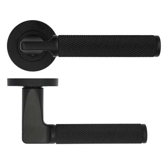 Zoo Hardware Bilbao Lever Design in black with a textured grip for enhanced handling, featuring a circular rose and a square backplate.