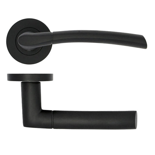 Zoo Hardware Andorra Lever on Rose in a matte black finish, featuring a curved lever design mounted on a circular rose plate. The product showcases a sleek silhouette ideal for contemporary door hardware.