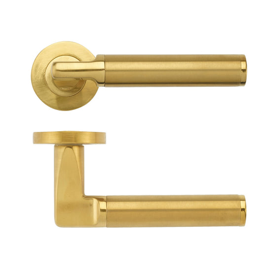 Zoo Hardware Milan Lever - Screw On Rose in a brushed brass finish, featuring a cylindrical handle design with a round rose and a right-angle lever for easy installation.