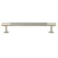 Carlisle Brass Lines Pull Handle Range in brushed nickel, featuring a ribbed design and round mounting plates for easy installation.