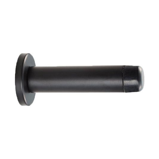 Carlisle Brass Wall Mounted Door Stop with Sprung option in a black finish, featuring a cylindrical body and a rounded end for door protection. The design includes a round wall plate for secure mounting.