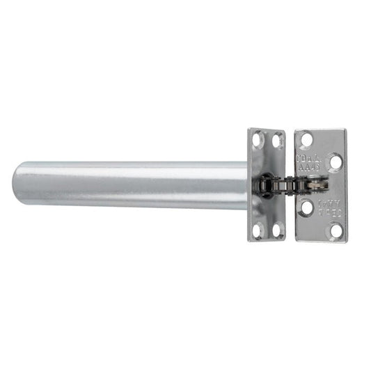 Carlisle Brass Concealed Chain Spring Door Closer with a cylindrical silver body and a matching metal bracket, featuring pre-drilled holes for easy installation.