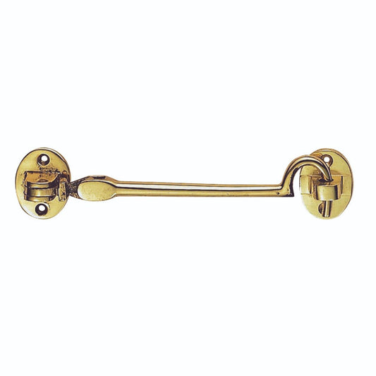 Carlisle Brass Cabin Hook - Heavyweight (Silent Pattern) - 152mm in polished brass finish, featuring a long hook and two round mounting plates for secure installation.