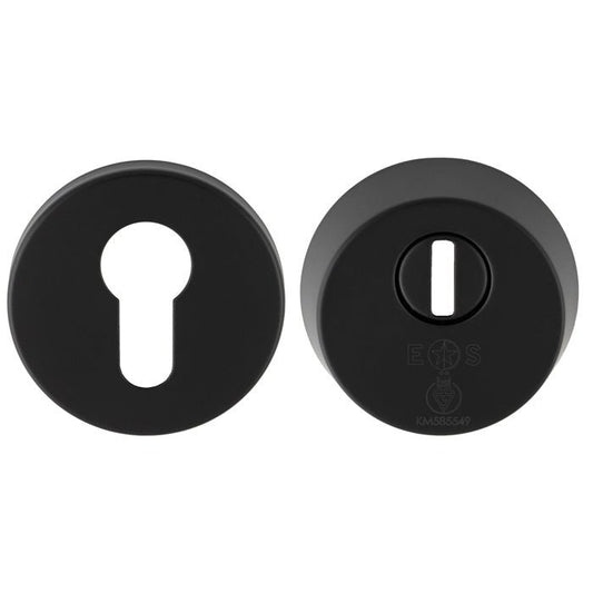 Carlisle Brass 2 Star Security Escutcheon in black finish, consisting of two round plates featuring keyhole cutouts on one side, designed for enhanced security applications.