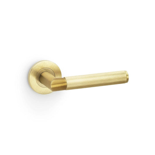 Alexander & Wilks Handles Satin Brass PVD AW - Harrier Knurled Lever on Round Rose