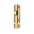 Carlisle Brass Surface Bolt in polished brass finish, featuring a cylindrical knob and a rectangular base plate designed for enhanced door security.