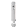 Carlisle Brass Surface Bolt in polished chrome, featuring a sleek rectangular design with a circular knob and a matching strike plate for secure door locking.