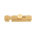Carlisle Brass Surface Bolt in a polished brass finish, featuring a round knob and a sliding bolt mechanism, designed for secure closure and easy installation.