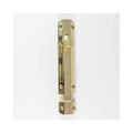 Carlisle Brass Surface Bolt in a polished brass finish, featuring a cylindrical knob for operation and multiple mounting holes for secure installation.