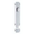 Carlisle Brass Surface Bolt in chrome finish, featuring a rectangular body and a round endoperating mechanism, designed for secure locking. It includes mounting holes for easy installation.