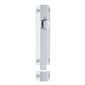 Carlisle Brass Surface Bolt in a shiny chrome finish, featuring a sleek rectangular design and a round knob, designed for securing doors. The bolt is shown with its mounting plate, complete with screw holes for easy installation.