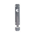 Carlisle Brass Surface Bolt in a brushed stainless steel finish, featuring a round knob and elongated body with mounting holes for secure installation.