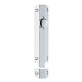 Carlisle Brass Surface Bolt in a polished chrome finish, featuring a cylindrical locking mechanism and rectangular base plate with screws, designed for securing doors.