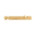 Carlisle Brass Surface Bolt in a satin brass finish, featuring a streamlined design with a round toggle at one end and two mounting brackets for easy installation.