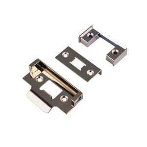 Carlisle Brass Rebate Set in polished chrome, featuring two latch plates and a keeper, designed for door fitting with smooth, reflective surfaces and pre-drilled holes for easy installation.