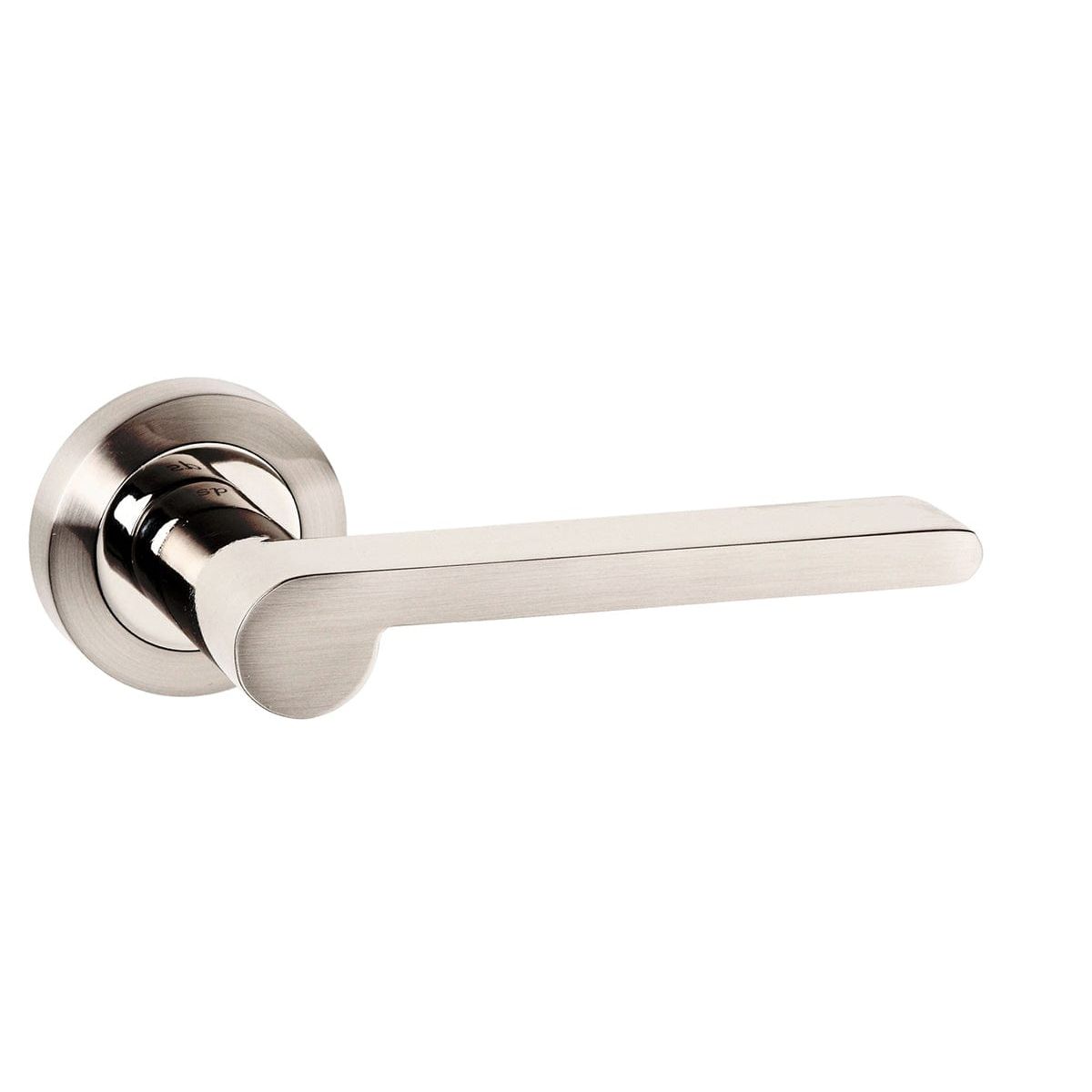 Atlantic Handles Satin Nickel/Polished Nickel Senza Pari Darrio Designer Lever on Round Rose