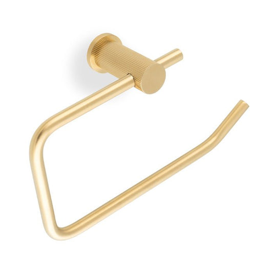 Alexander & Wilks Brunel Reeded Toilet Roll Holder in a brushed gold finish, featuring a reeded wall mount and a curved holder design.