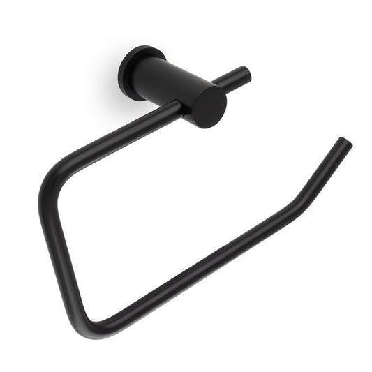 Alexander & Wilks Brunel Plain Toilet Roll Holder in matte black, featuring a sleek, minimalist design with a circular wall mount and an open-ended holder for easy access.