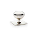 Alexander & Wilks Quantock Cupboard Knob on Square Backplate in polished chrome finish, featuring a round knob atop a square backplate with a shiny surface.