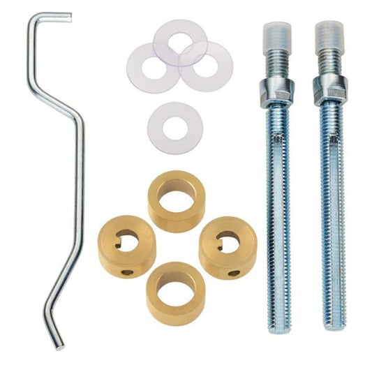 Carlisle Brass Back-to-Back Fixing Pack for cabinet handles, featuring a metal fixing bar, two threaded bolts, brass spacers, and plastic washers, suitable for secure handle installation.