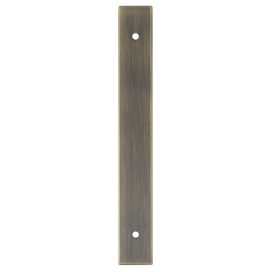 Alexander & Wilks Rectangular Cabinet Pull Backplate in a brushed antique brass finish, featuring a long, narrow design with two mounting holes.