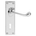 Carlisle Brass Contract Victorian Scroll Lever on Backplate in polished chrome, featuring a curved lever design, securely mounted on a rectangular backplate with rounded corners and visible keyhole.