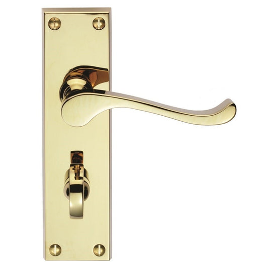 Carlisle Brass Contract Victorian Scroll Lever on Backplate in a polished gold finish, featuring a curved lever and a simple rectangular backplate with four visible screw holes.