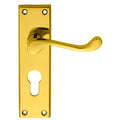 Carlisle Brass Contract Victorian Scroll Lever on Backplate in polished gold finish, featuring a curved lever handle mounted on a rectangular backplate with a keyhole cutout.