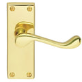 Carlisle Brass Contract Victorian Scroll Lever on Backplate in polished brass, featuring a curved lever handle mounted on a rectangular backplate with visible mounting screws.