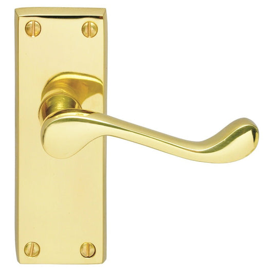 Carlisle Brass Victorian Scroll Lever on Backplate in polished brass finish, featuring a curved lever design and rectangular backplate with visible screw holes.