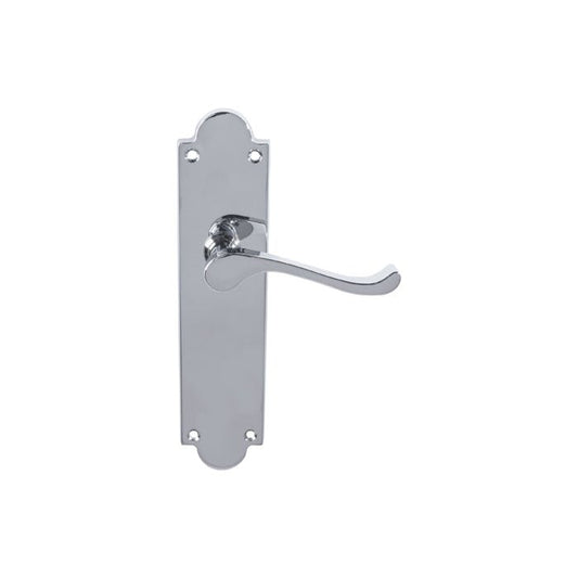 Carlisle Brass Victorian Scroll Lever on Shaped Backplate in polished chrome finish, featuring a curved lever handle mounted on a backplate with decorative edges.