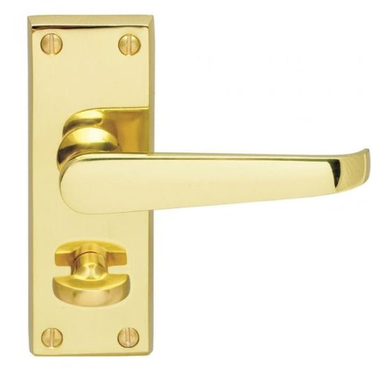 Carlisle Brass Contract Victorian Lever on Backplate in polished brass finish, featuring a sleek lever handle and a rectangular backplate with visible screws.