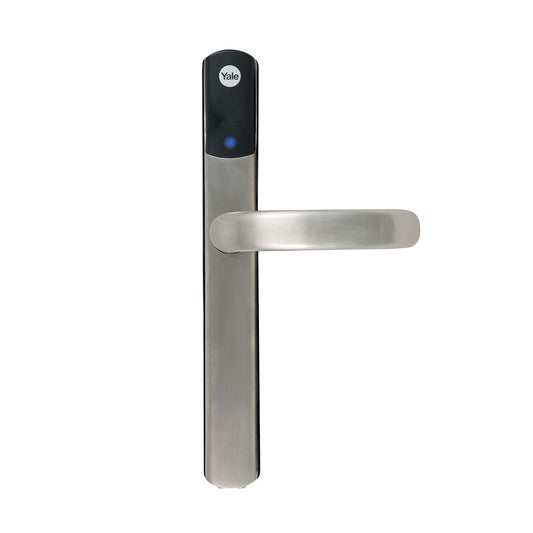 Carlisle Brass Conexis L2 Smart Lock in a brushed stainless steel finish, featuring a modern design with a circular keypad at the top and a horizontal handle in the center.