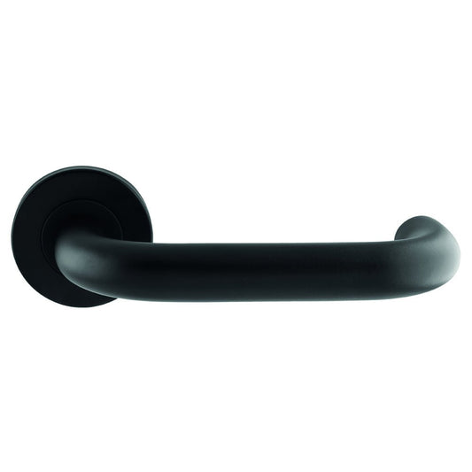 Carlisle Brass Nera Safety Lever on Sprung Rose in black, made of Grade 304 stainless steel for durability. The lever features a rounded design mounted on a circular rose.
