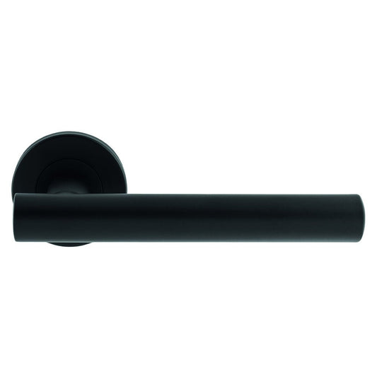 Carlisle Brass Philadelphia Lever on Sprung Push on Round Rose in matte black finish, featuring a sleek cylindrical design and a round base for a modern look.