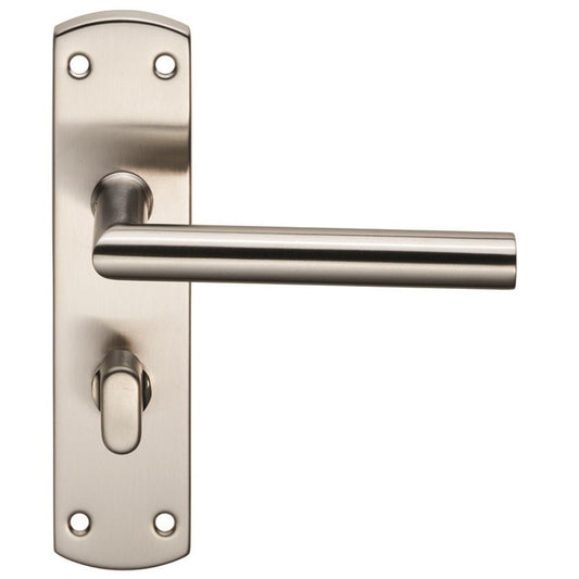 Carlisle Brass Residential Mitred Lever on Backplate in satin stainless steel finish, featuring a straight lever handle and a keyhole for locking on a rectangular backplate.