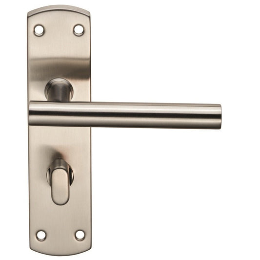 Carlisle Brass Residential T Bar Lever on Backplate in brushed nickel finish, featuring a cylindrical lever and a round latch, mounted on a rectangular backplate with multiple screw holes.