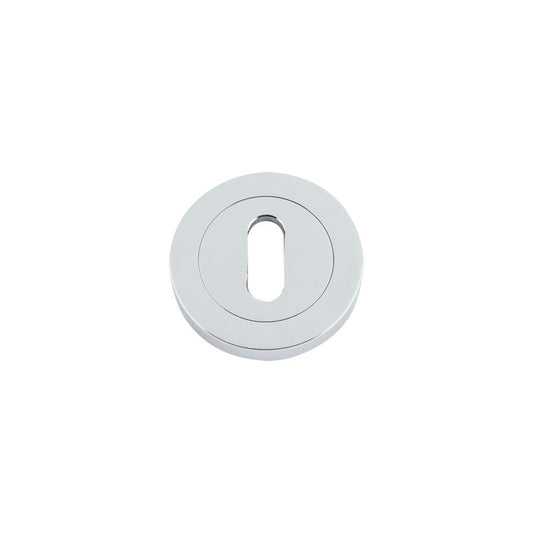 Zoo Hardware Standard Key Profile 50 x 8mm cover plate in shiny chrome finish, featuring a central keyhole with an oval opening, suitable for securing locks and looking polished.