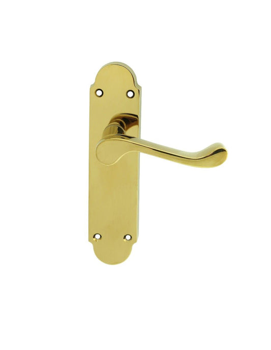 Carlisle Brass Oakley Lever on Backplate in polished brass finish, featuring a smooth curved lever and decorative backplate with rounded edges and visible mounting holes.