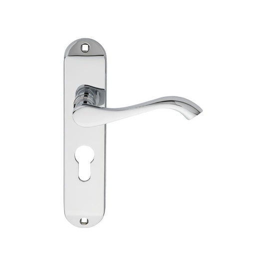 Carlisle Brass Andros Lever on Backplate in polished chrome finish, featuring a curved lever handle and an oblong backplate with a keyhole cutout.