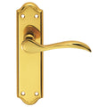 Carlisle Brass Madrid Lever on Backplate in polished brass finish, featuring a curved lever handle mounted on a rectangular backplate with decorative edges.