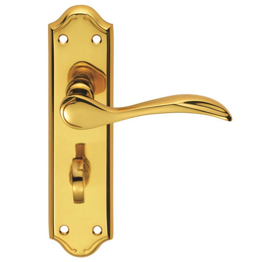 Carlisle Brass Madrid Lever on Backplate in polished gold finish, featuring a decorative backplate and a curved lever handle.