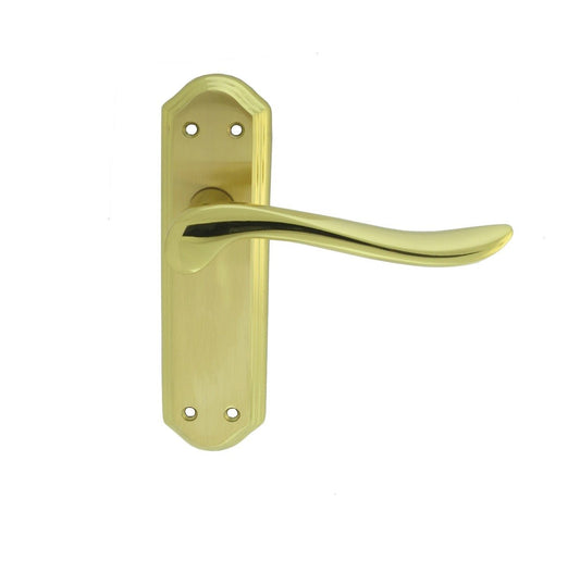 Carlisle Brass Lytham Lever on backplate in a polished brass finish, featuring a curved lever handle mounted on an octagonal backplate with visible screw holes.