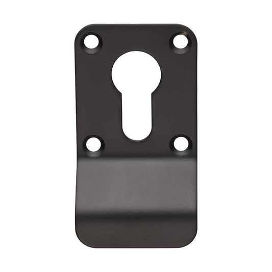 Carlisle Brass Cylinder Pulls in black, featuring a rectangular backplate with a keyhole cutout and four mounting holes, designed for secure installation.