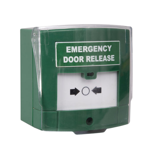 Zoo Hardware Illuminated Emergency Release Button (resettable) in green with a transparent front cover and labeled 'EMERGENCY DOOR RELEASE,' designed for double pole voltage operation.