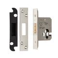 Carlisle Brass Easi-T Euro Profile Deadlock featuring a black steel outer casing and silver stainless steel components, with a rectangular shape and keyhole design for door security.
