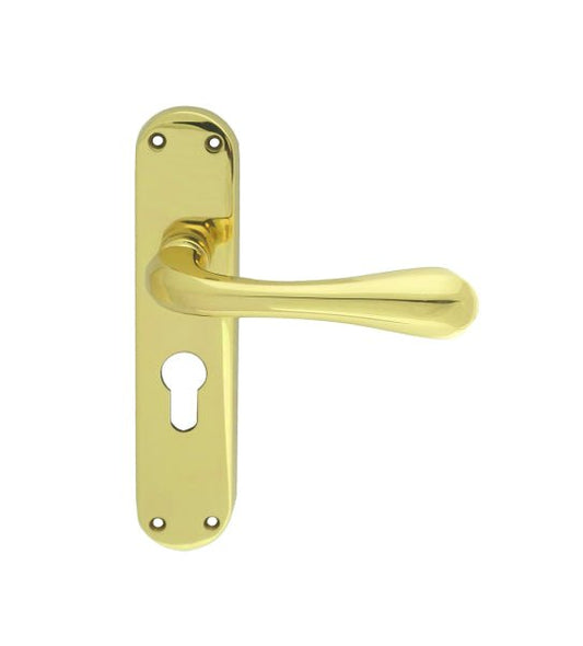 Carlisle Brass Astro Lever on Backplate in polished gold finish, featuring a curved lever handle and a rectangular backplate with a keyhole opening.
