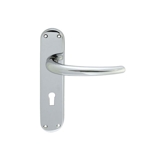 Carlisle Brass Lilla Lever on Backplate in polished chrome finish, featuring a smooth curved lever and a keyhole cutout on a rectangular backplate.