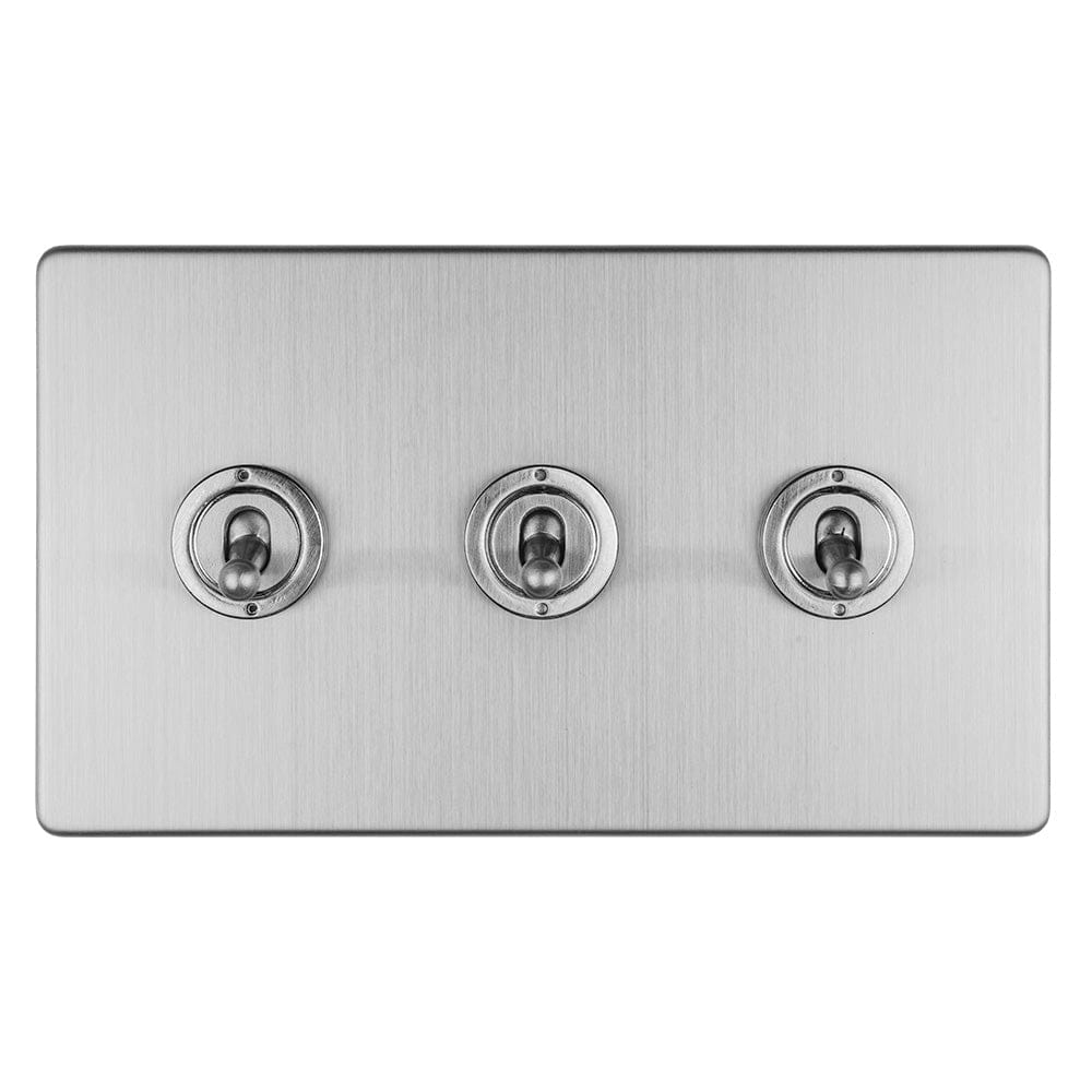 Eurolite Switches Stainless Steel Concealed 3mm 3 Gang 10Amp 2Way Toggle Switch Satin Stainless Plate - Stainless Steel