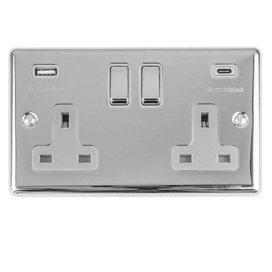 Eurolite Plug Sockets Polished Chrome Enhance Decorative 2 Gang 13Amp Switched Socket With Usb C Polished Chrome - Polished Chrome